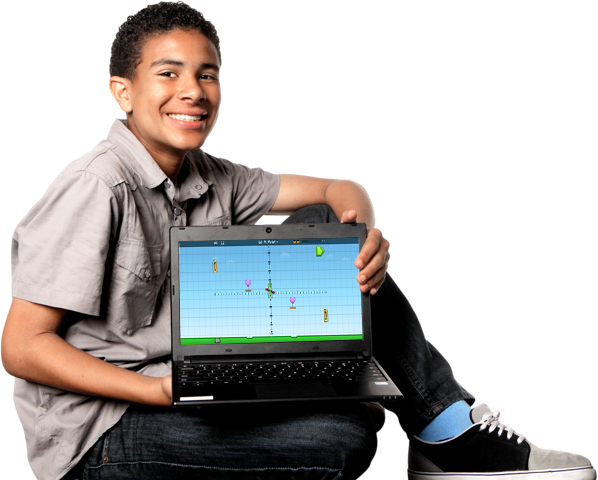 Student holding laptop with sample ST Math screen for ST Math Middle School Math Games